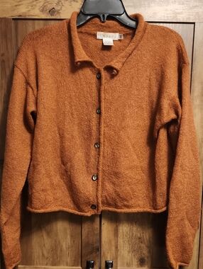 Tweeds Mohair-Blend Curled Collar And Hem Burnt Orange Button Down Cardigan